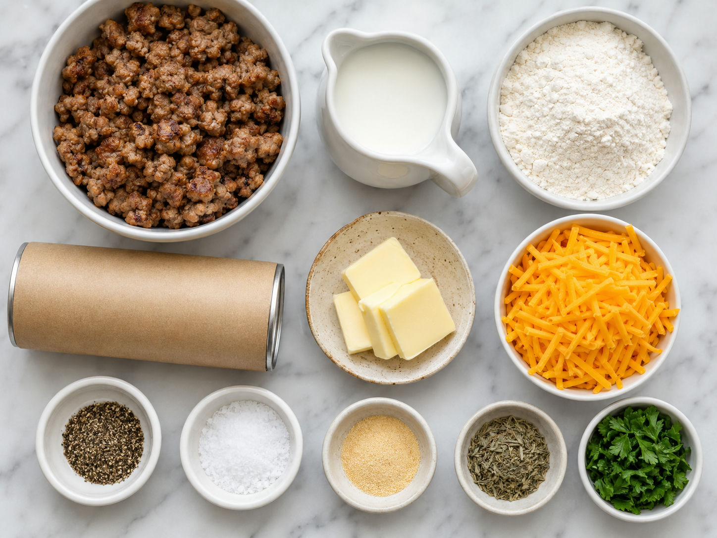 Ingredients for sausage gravy biscuit pie with biscuits, milk, flour, and sausage