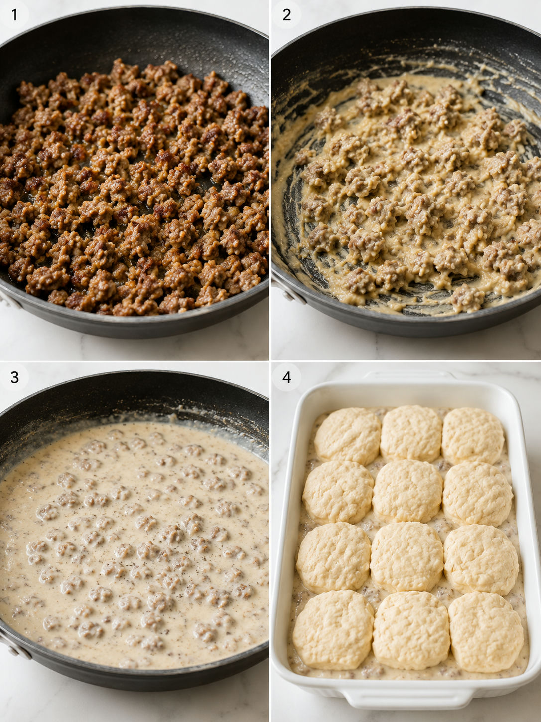 Four steps for making sausage gravy biscuit pie in a skillet and baking dish