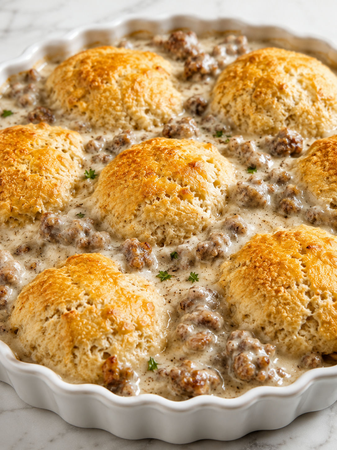Spoonful of sausage gravy biscuit pie with golden biscuit topping