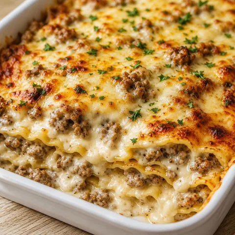 Baked sausage Alfredo ravioli lasagna with golden cheese and parsley