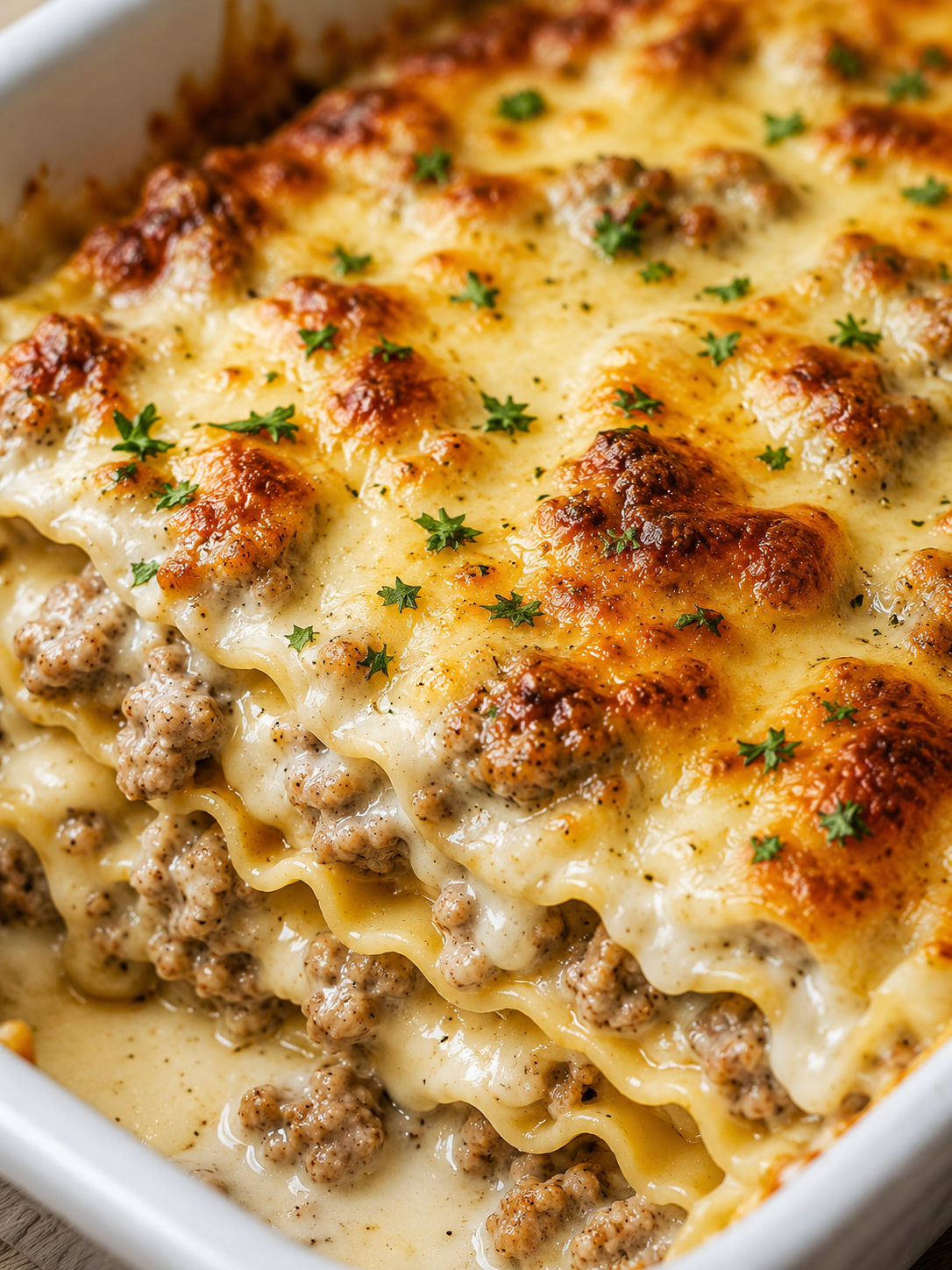 Sausage Alfredo Ravioli Lasagna, plated and served