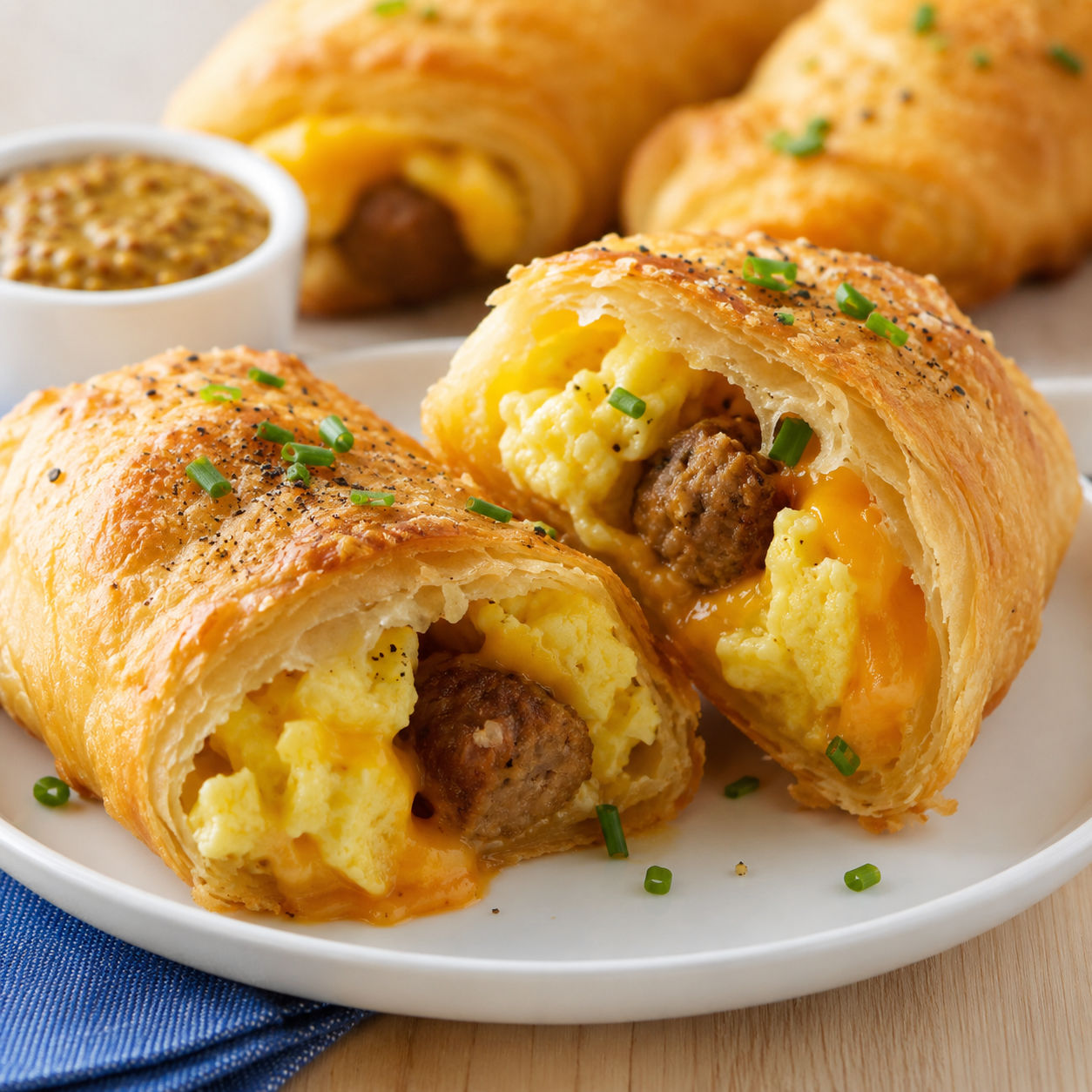 Golden sausage egg cheese roll-ups with melted cheddar and chives