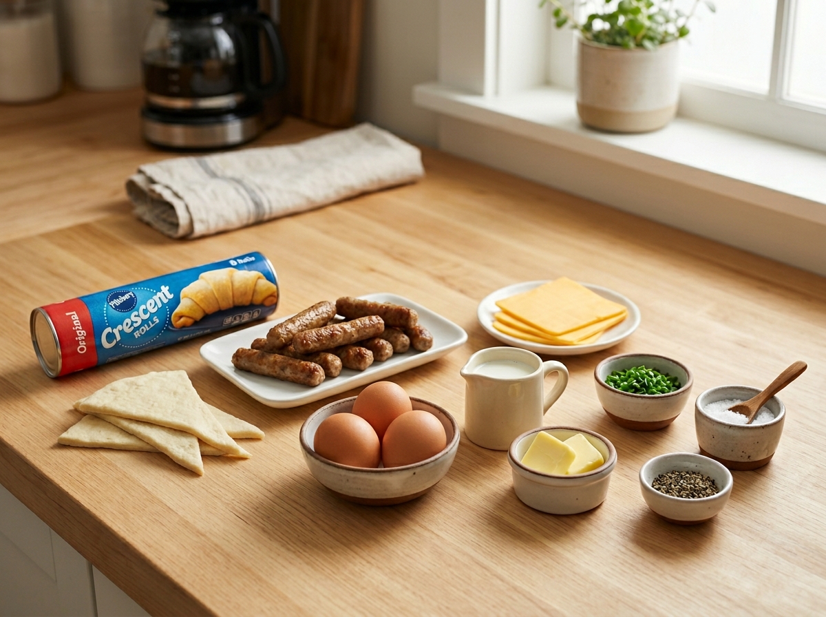 Ingredients for sausage egg cheese roll-ups on a light wood counter