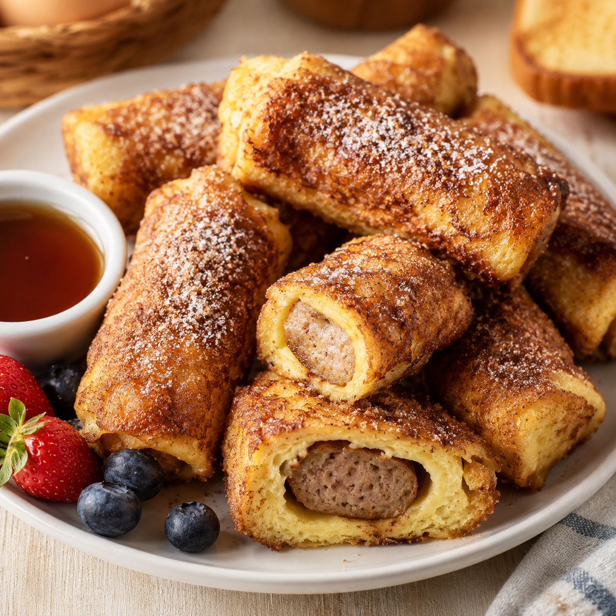 Golden sausage French toast roll-ups with maple syrup and berries