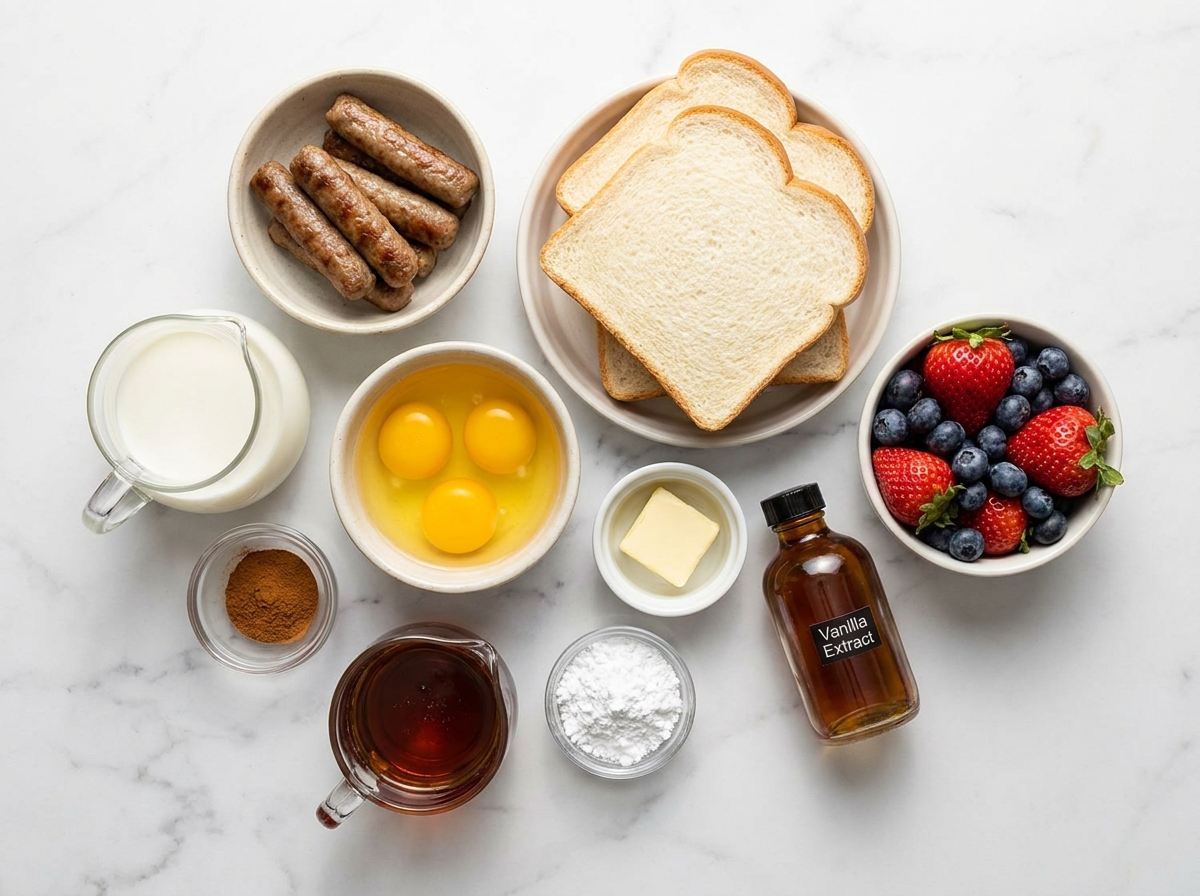 Ingredients for sausage French toast roll-ups on a wood surface