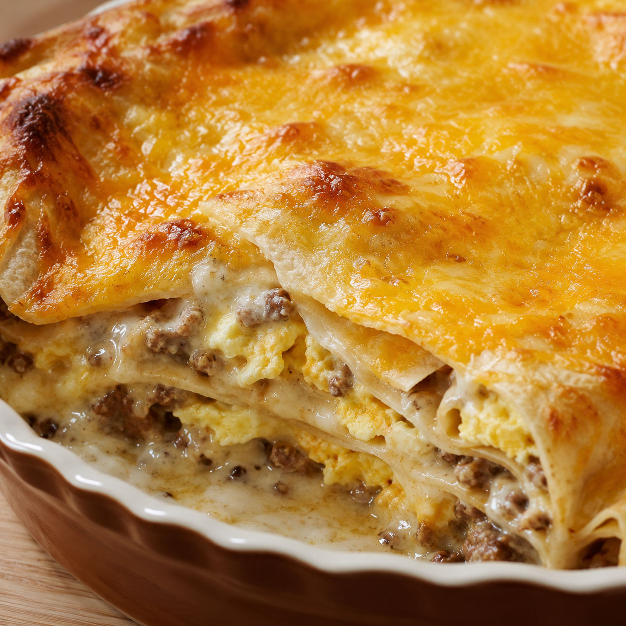 Sausage gravy burrito casserole with melted cheddar and layered tortillas in a baking dish