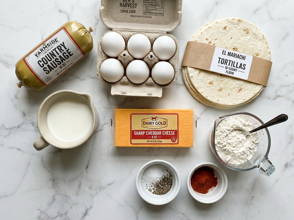 Raw ingredients for sausage gravy burrito casserole on a wooden surface
