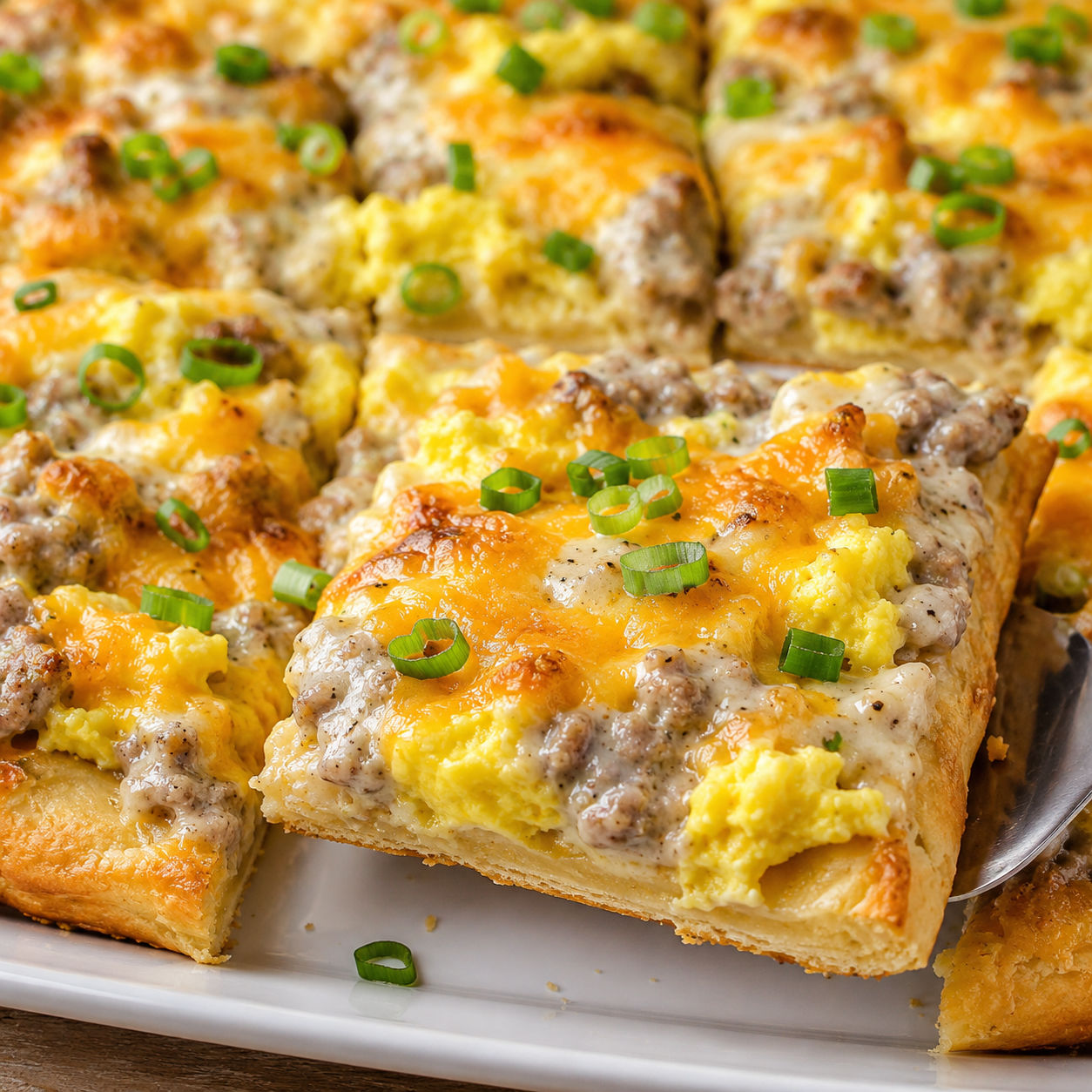 Sausage gravy breakfast pizza with crescent crust, eggs, cheddar, and green onions