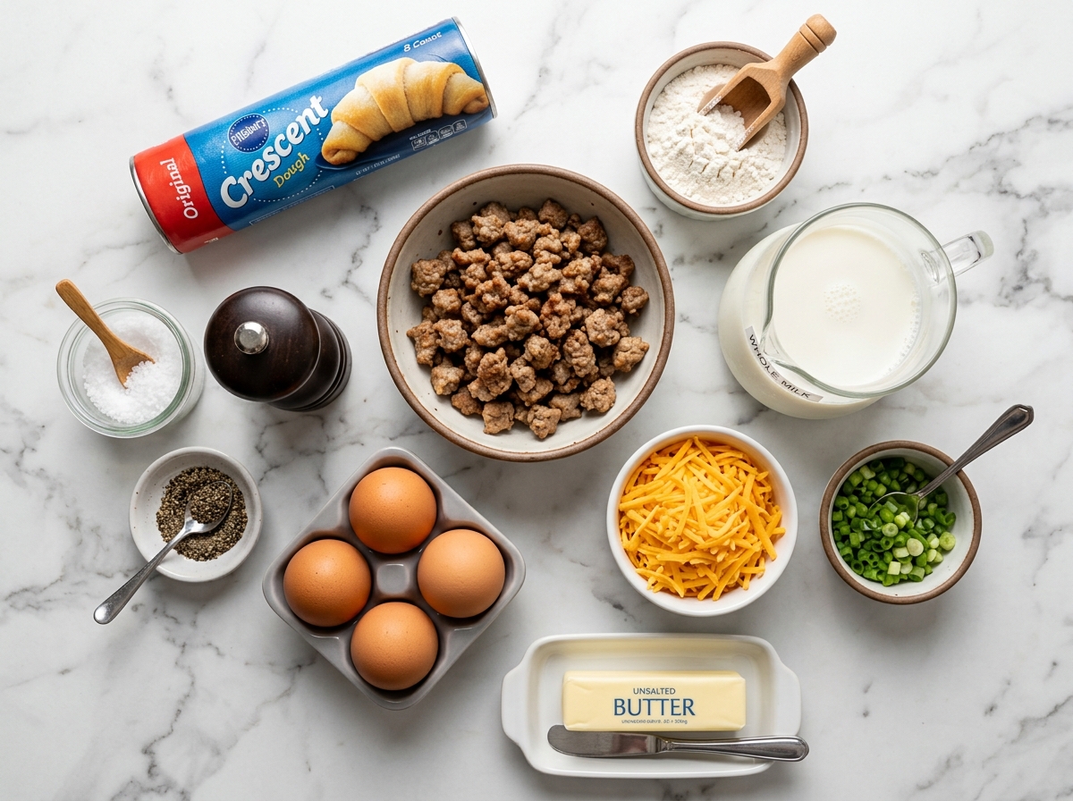Ingredients for sausage gravy breakfast pizza with crescent dough, eggs, and cheddar