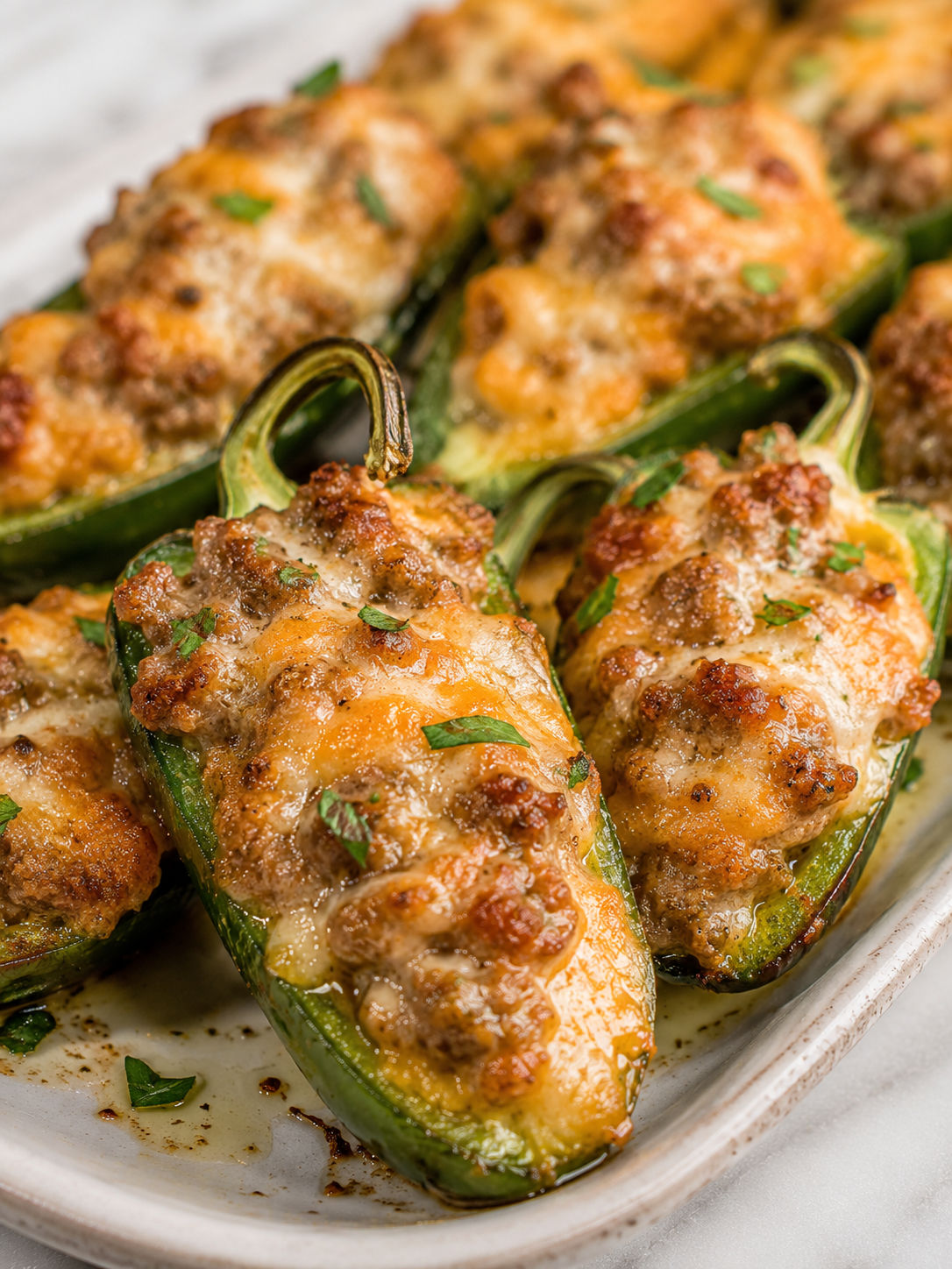 Sausage Stuffed Jalapeños, plated and served