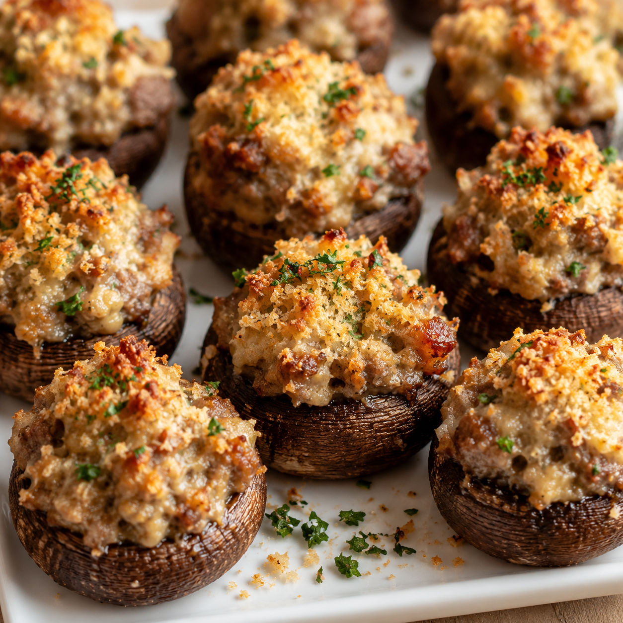 Sausage stuffed mushrooms with Parmesan and parsley on a white platter