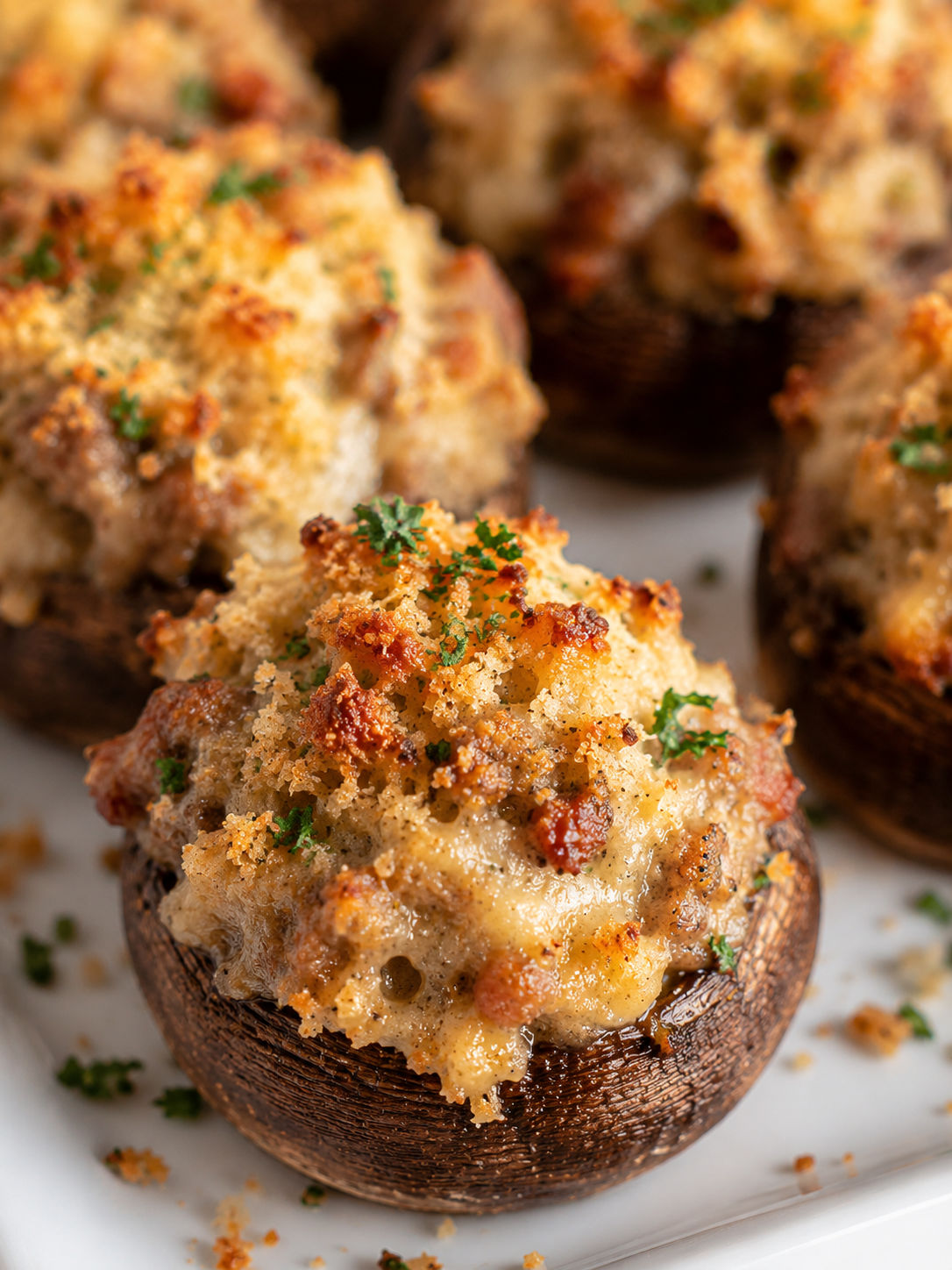 Sausage Stuffed Mushrooms, plated and served