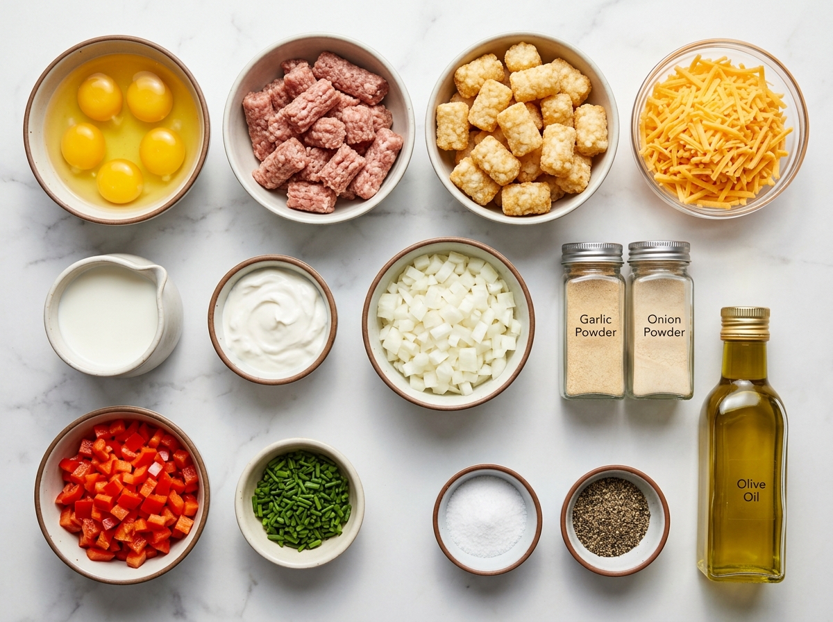 Ingredients for sausage tater tot breakfast casserole with cheddar