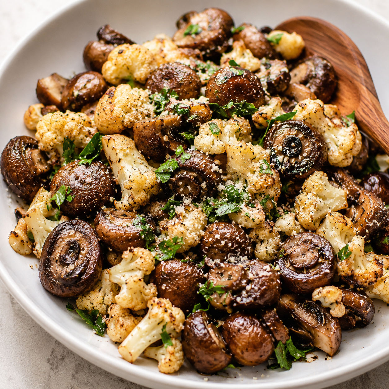 Sauteed mushrooms with golden cauliflower crumbles and parsley