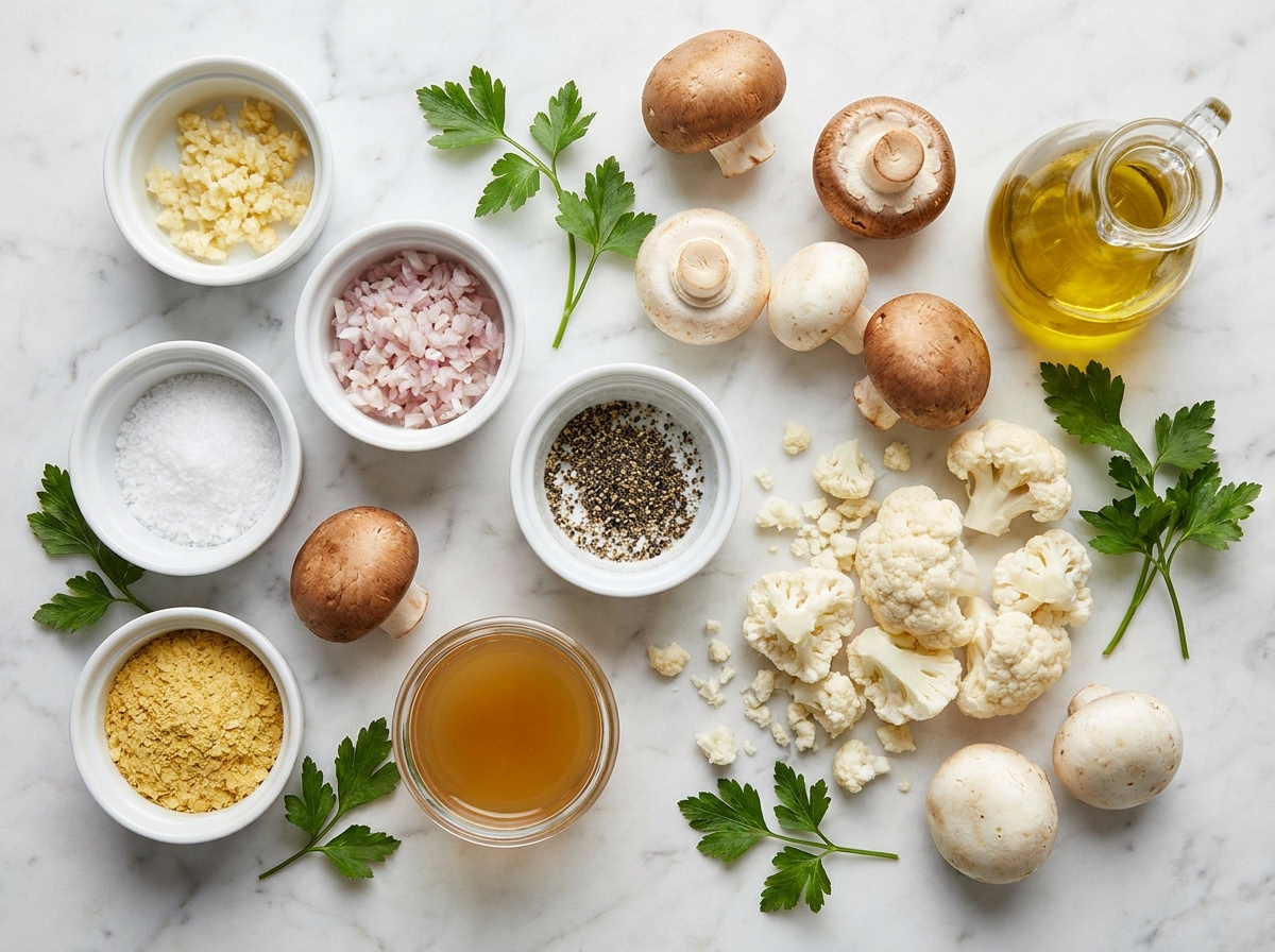 Mushrooms, cauliflower, garlic, shallot, parsley, and olive oil for a skillet side