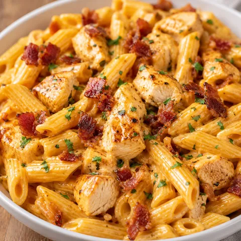 Chicken bacon ranch pasta with creamy cheddar sauce and crispy bacon