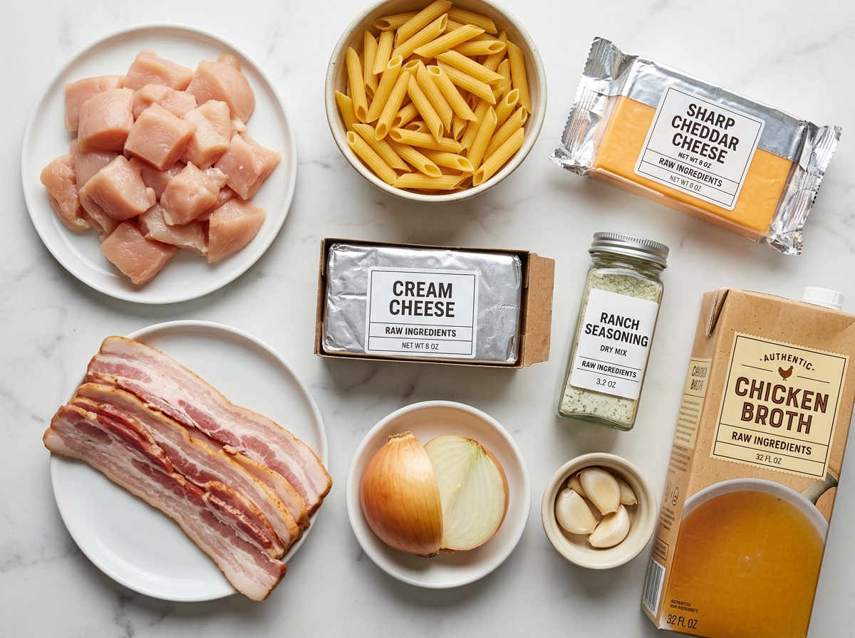 Raw ingredients for chicken bacon ranch cheddar pasta on a wooden board