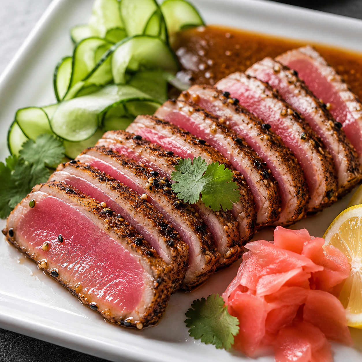 Seared ahi tuna appetizer with mustard sauce, cucumber, ginger, and lemon