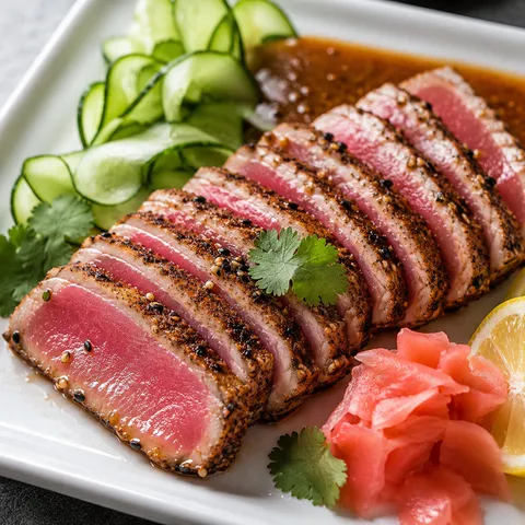 Seared ahi tuna appetizer with mustard sauce, cucumber, ginger, and lemon