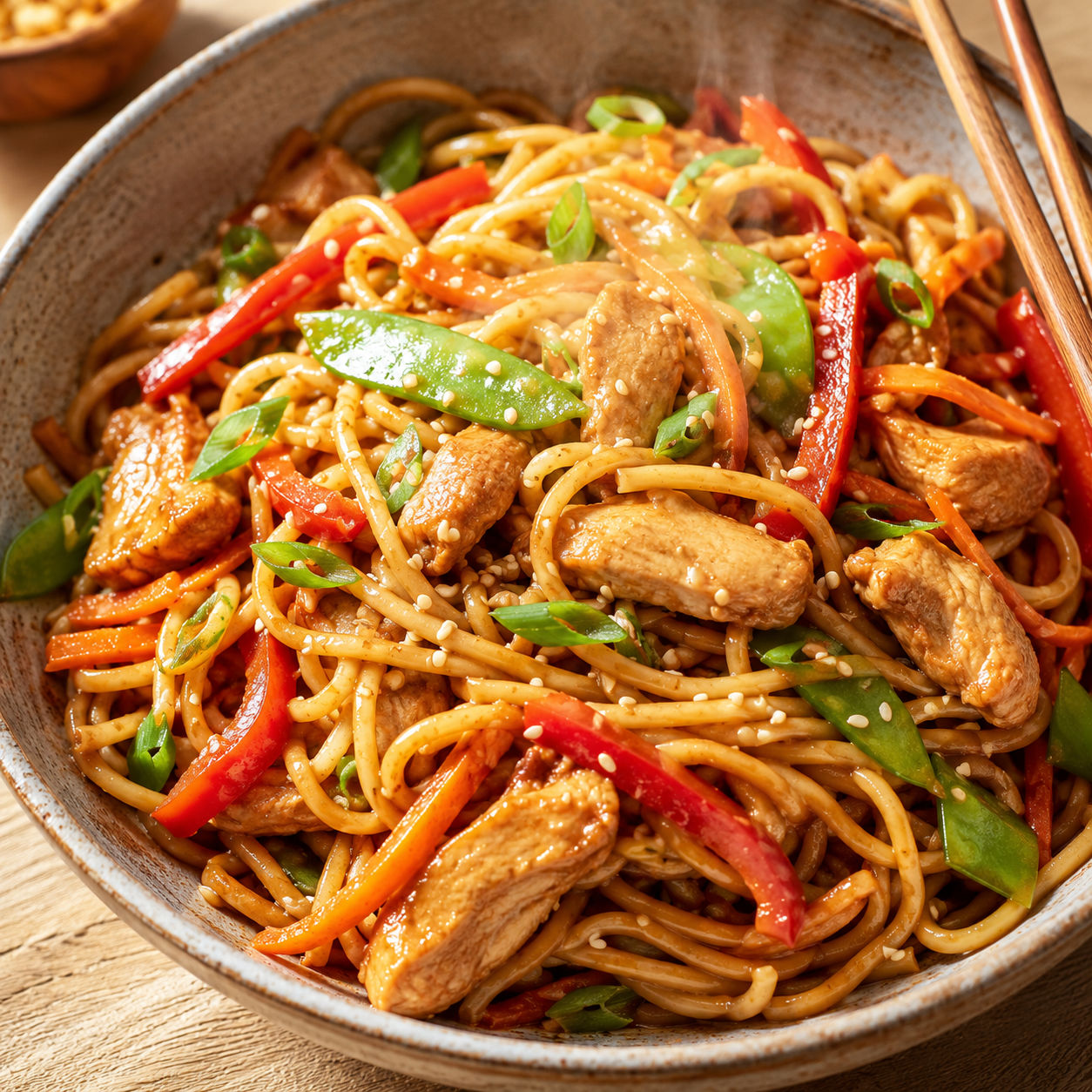 Garlic chicken lo mein with vegetables and scallions in a shallow bowl