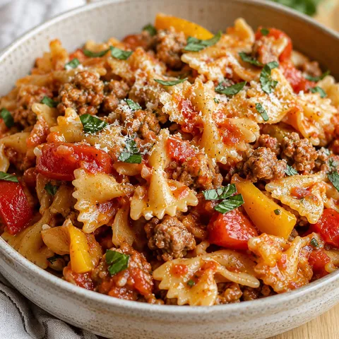 Italian sausage bow tie pasta with peppers, Parmesan, and basil