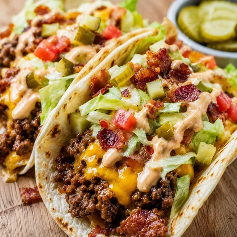 Loaded bacon cheeseburger tacos with cheddar, pickles, lettuce, and sauce