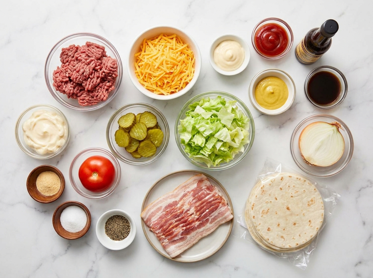 Ingredients for bacon cheeseburger tacos with beef, bacon, cheddar, and pickles