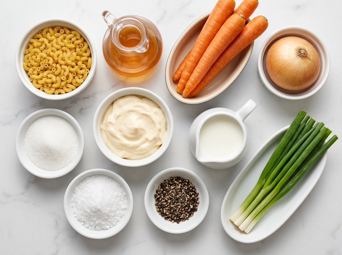 Ingredients for Hawaiian macaroni salad with pasta, carrot, onion, and mayo