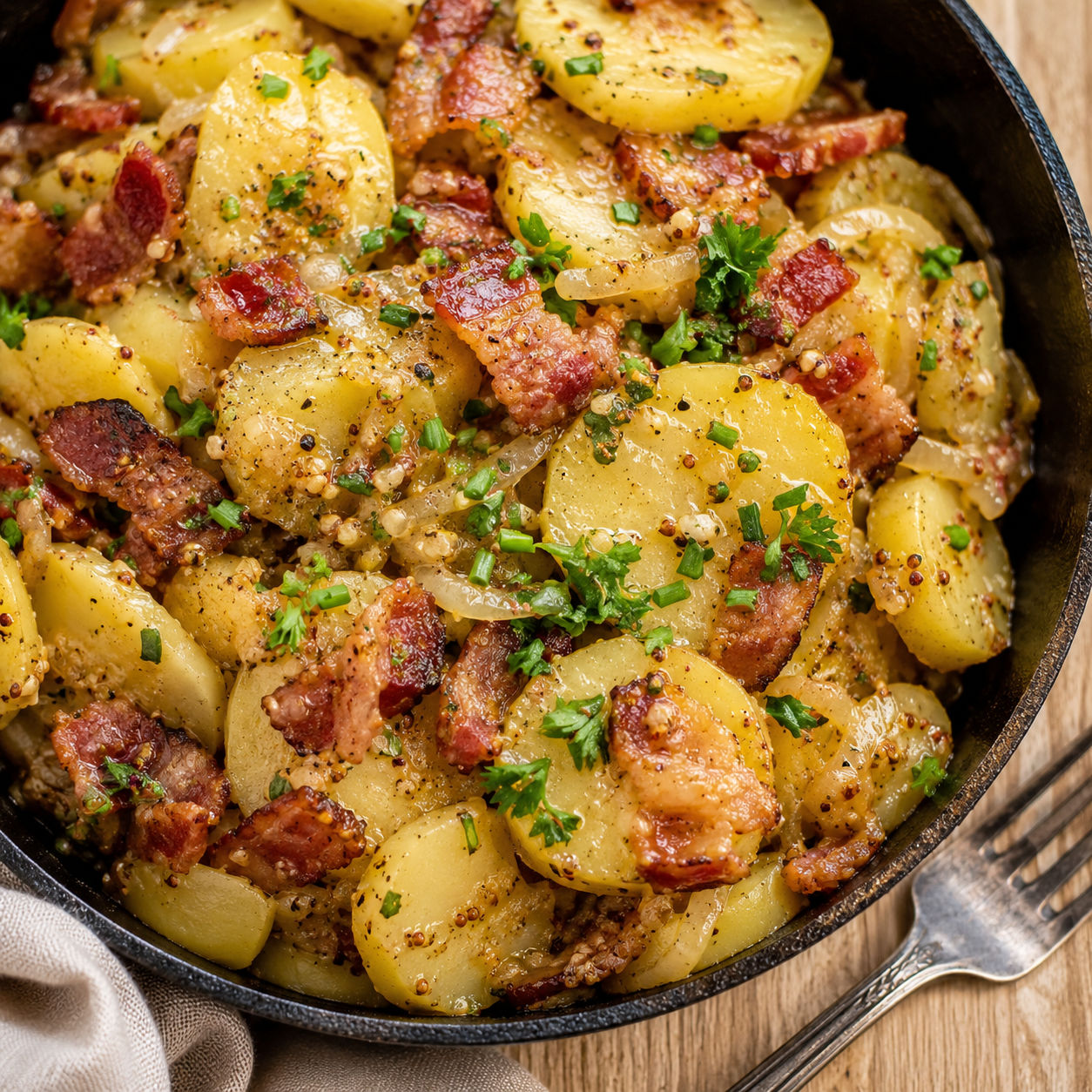 Warm German potato salad with bacon, parsley, and chives in a skillet