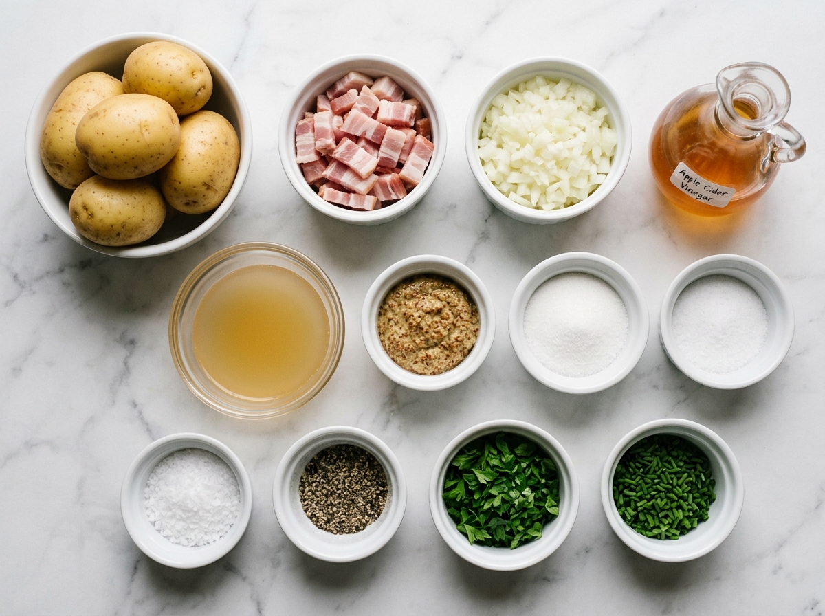 Ingredients for warm German potato salad with potatoes, bacon, mustard, and herbs