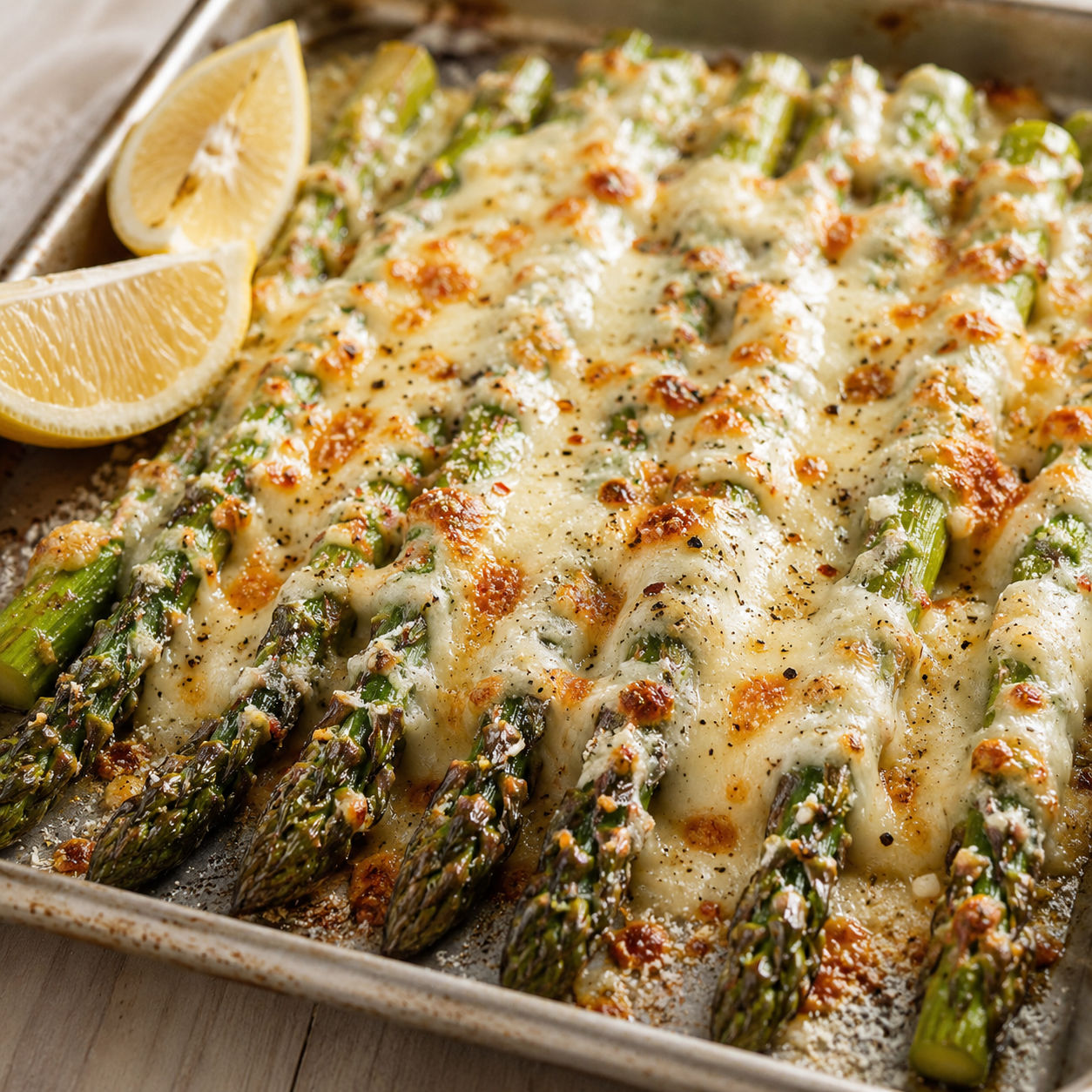 Cheesy baked asparagus with melted mozzarella and parmesan on a sheet pan