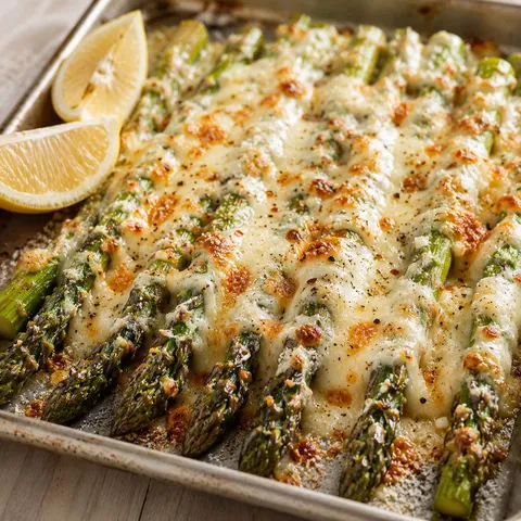 Cheesy baked asparagus with melted mozzarella and parmesan on a sheet pan