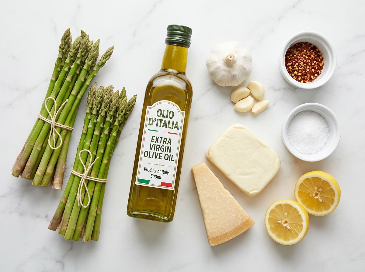 Fresh asparagus, mozzarella, parmesan, garlic, and olive oil on a wooden board