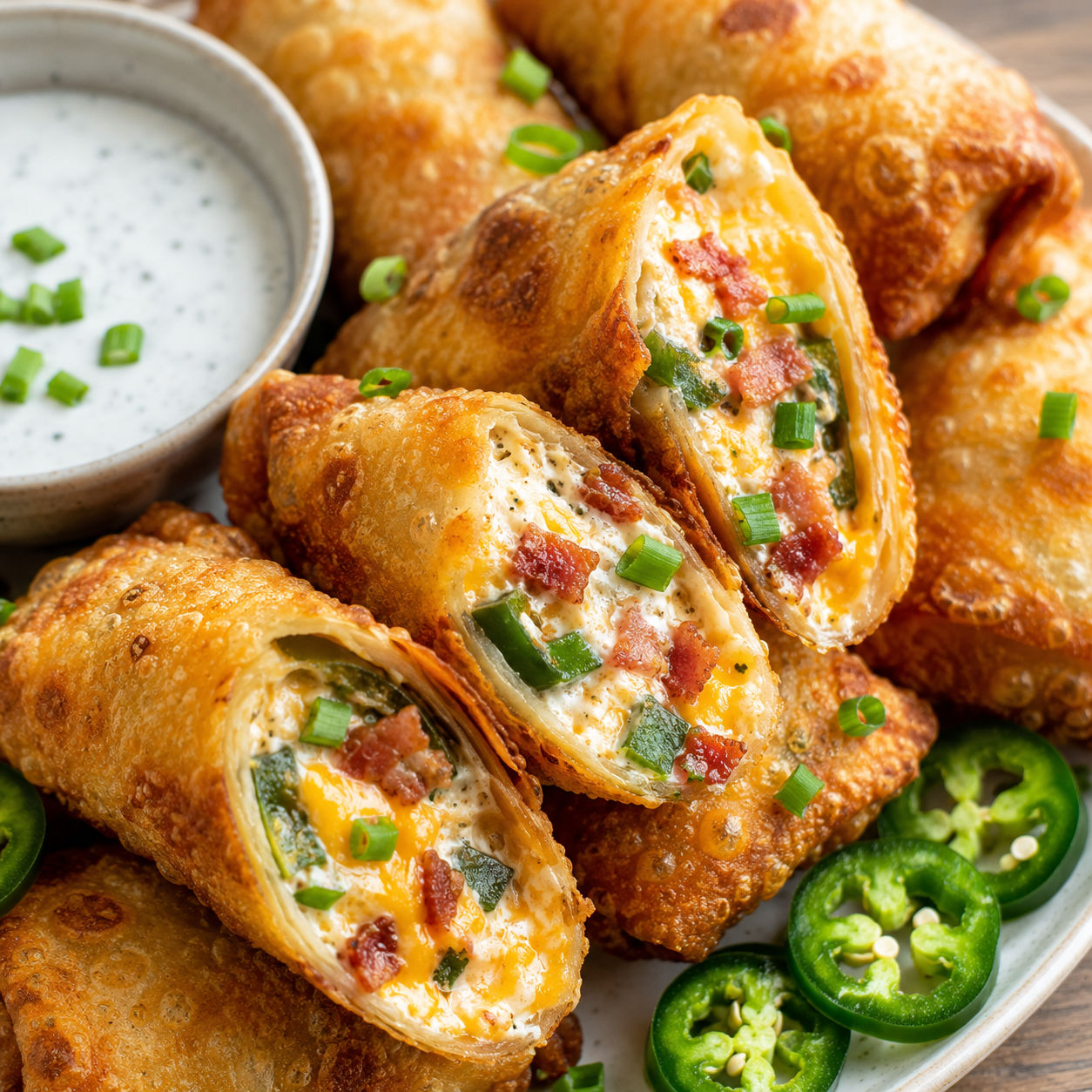 Bacon jalapeño popper eggrolls with creamy filling and ranch dip