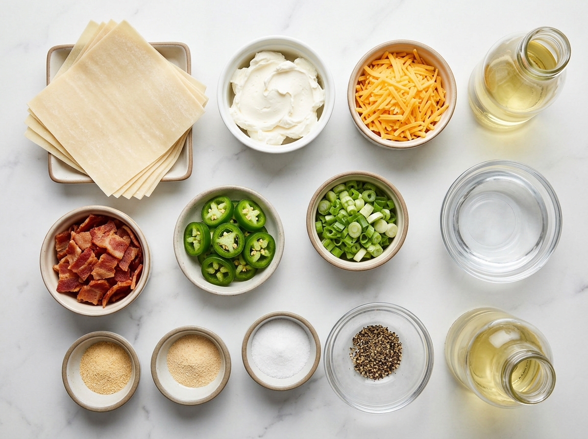 Ingredients for bacon jalapeño popper eggrolls on a wooden counter