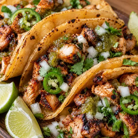 Chicken street tacos with cilantro, onion, jalapeno, salsa, and lime
