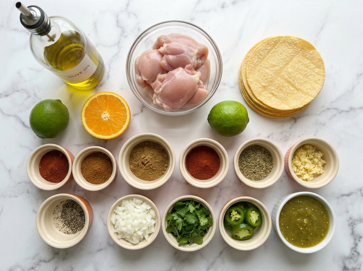 Ingredients for chicken street tacos with chicken, tortillas, limes, spices, and cilantro