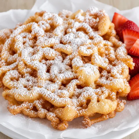 County fair funnel cake with powdered sugar and strawberries