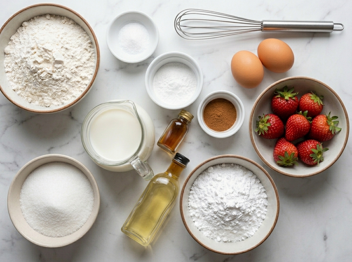 Ingredients for county fair funnel cakes with flour, eggs, milk, oil and sugar