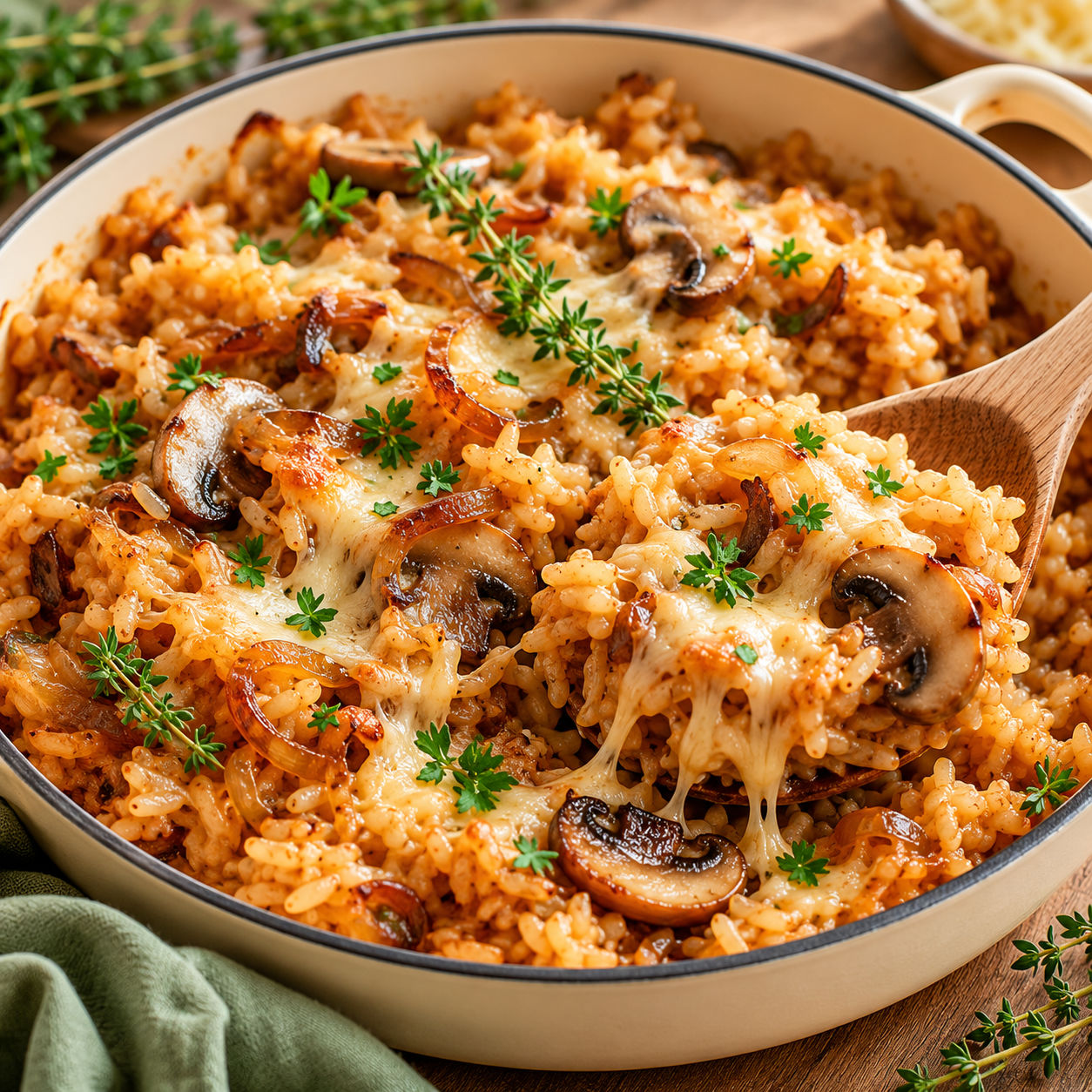 French onion soup rice with Gruyere, thyme, and parsley
