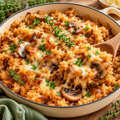 French onion soup rice with Gruyere, thyme, and parsley