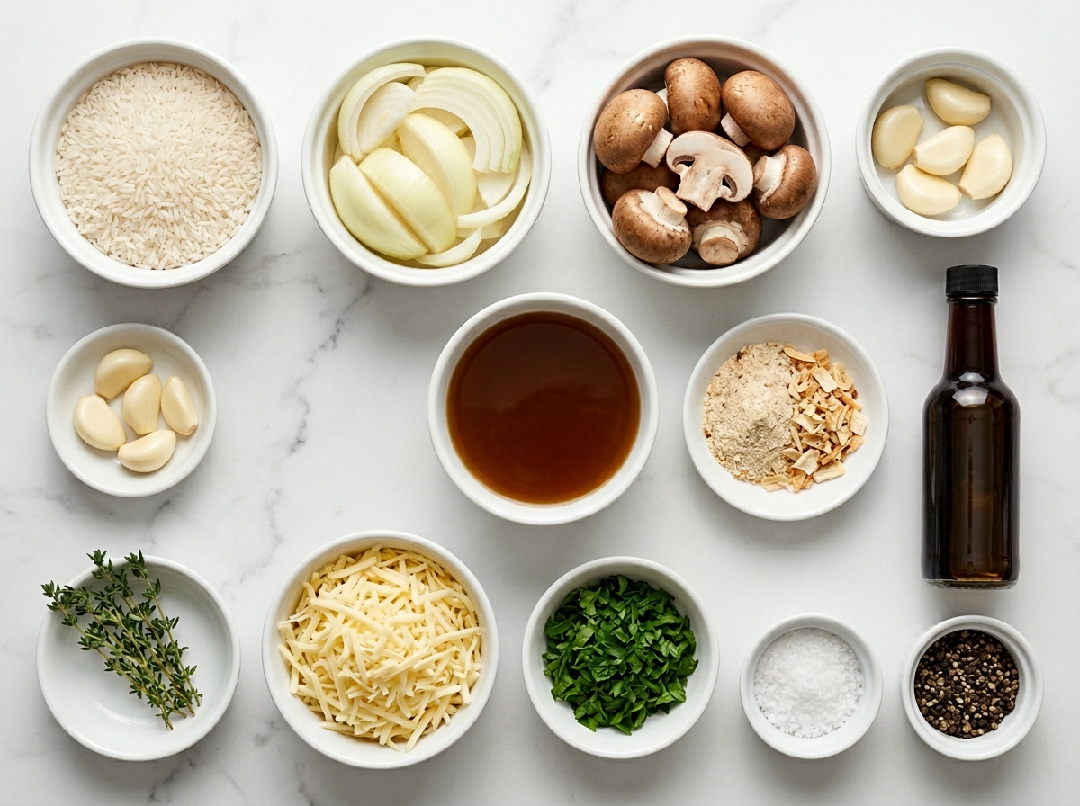 Ingredients for French onion soup rice with onions, rice, broth, and cheese