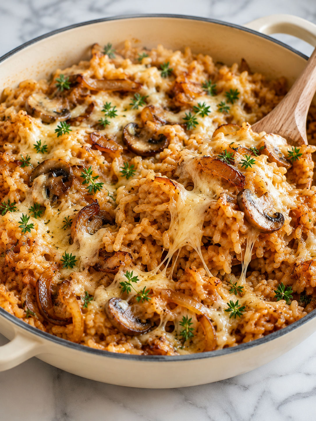 Savor The Delight: French Onion Soup Rice, plated and served