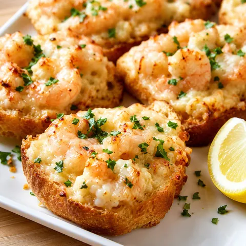 Golden baked shrimp toast with creamy topping and parsley on a white plate