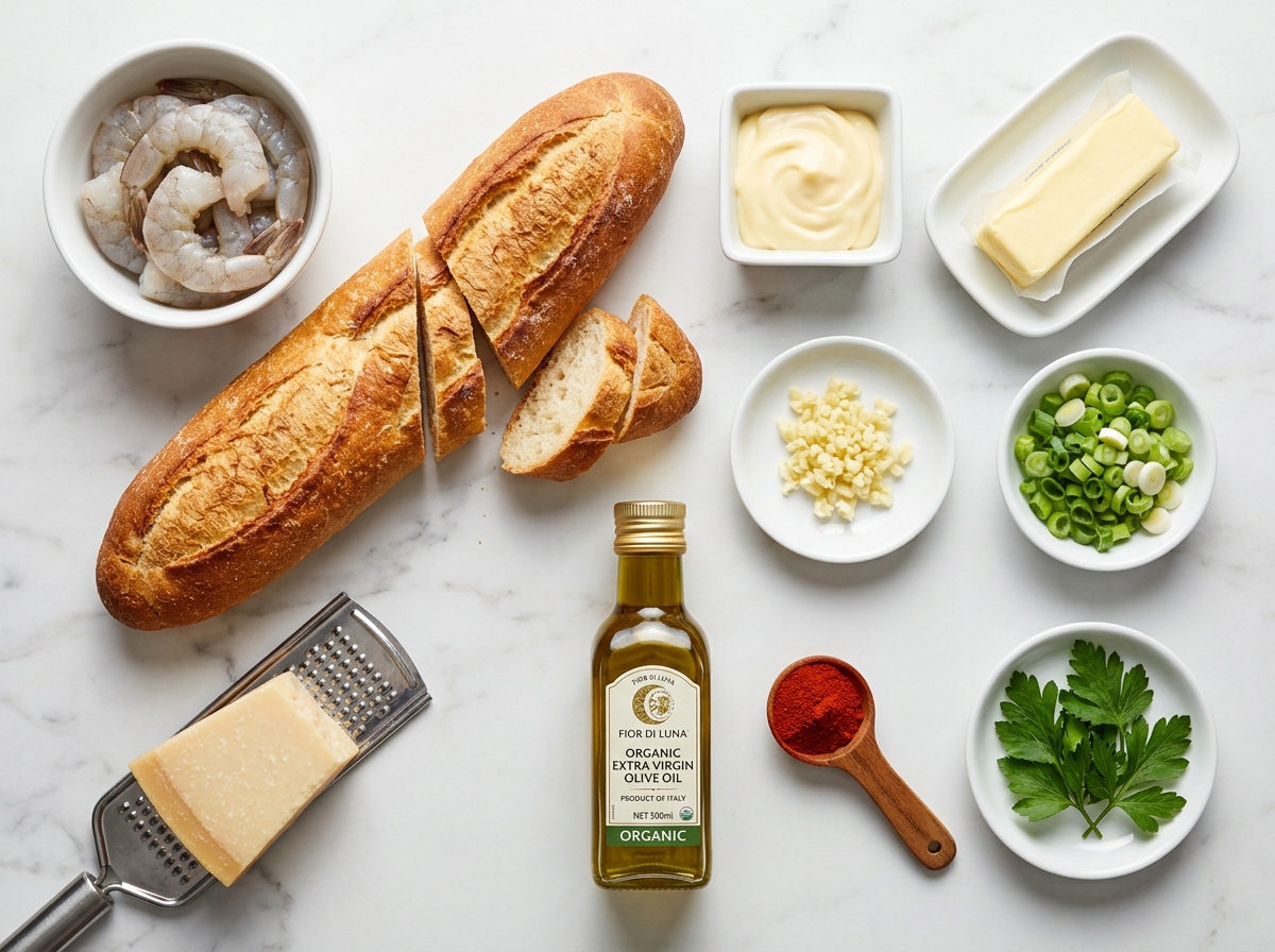 Raw shrimp, baguette, mayonnaise, garlic and Parmesan for shrimp toast