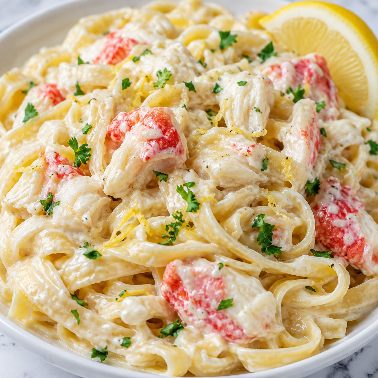 Creamy crab fettuccine Alfredo with parsley and lemon in a white bowl