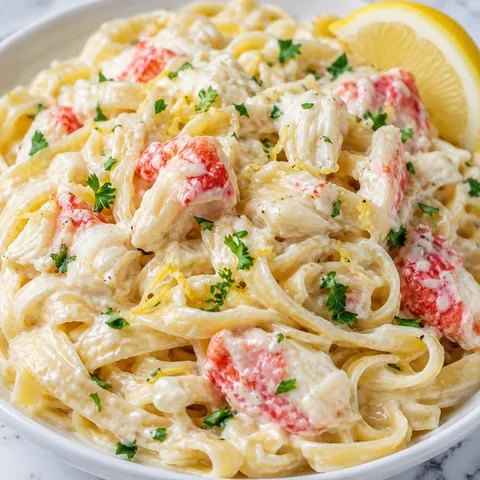 Creamy crab fettuccine Alfredo with parsley and lemon in a white bowl