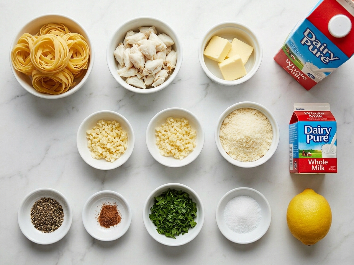 Ingredients for creamy crab fettuccine Alfredo on a marble counter