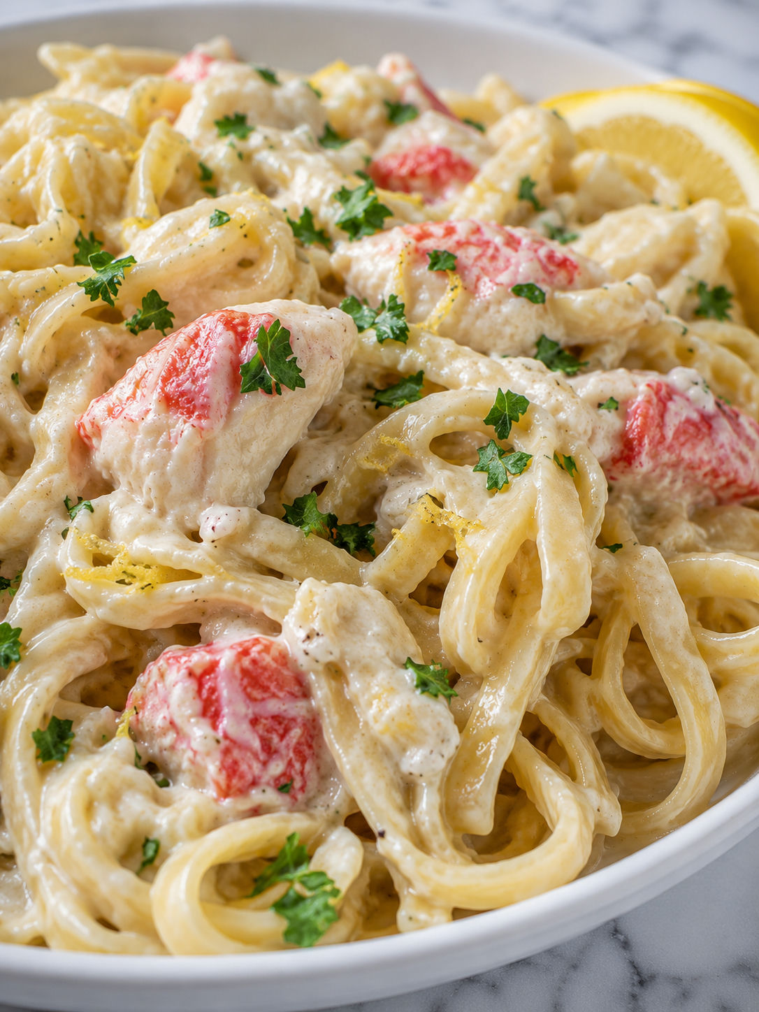 Savor The Elegance Of Creamy Crab Fettuccine Alfredo, plated and served