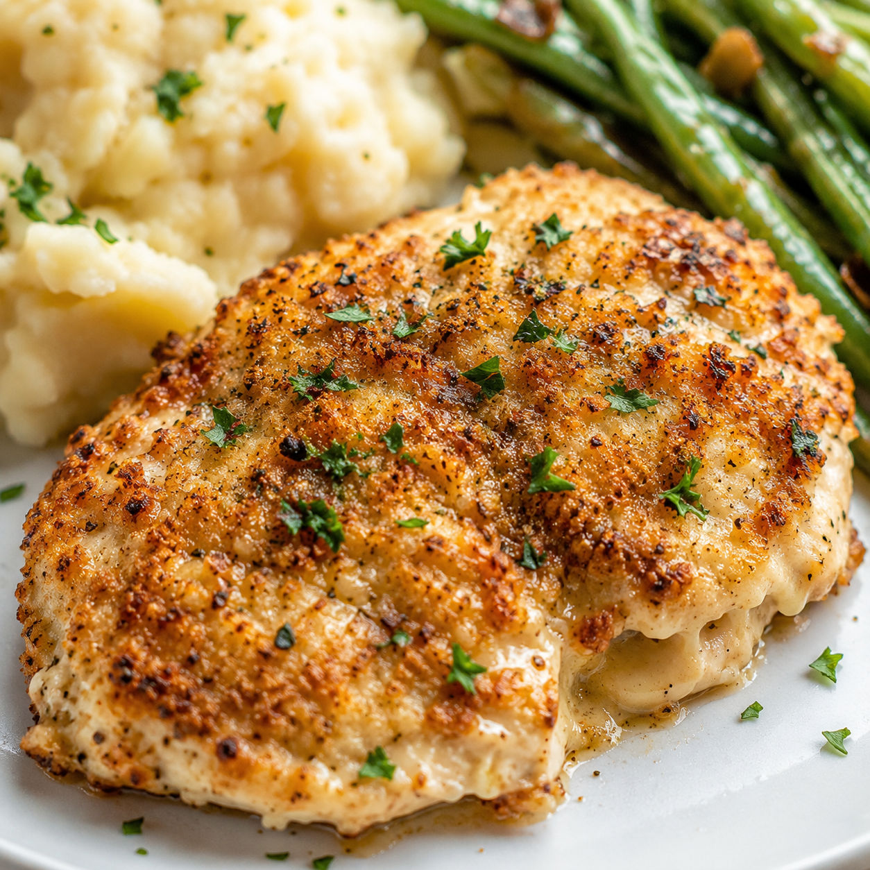 Longhorn garlic parmesan crusted chicken with golden panko crust on a white plate